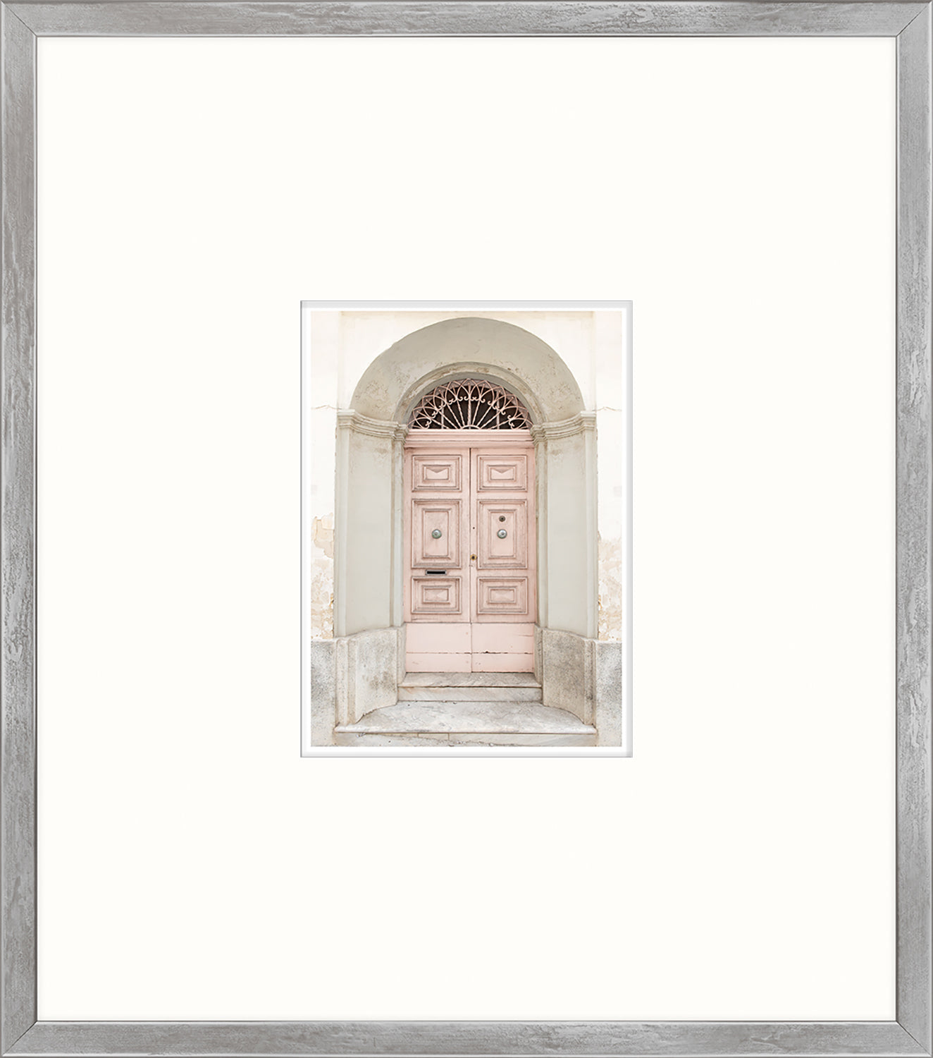 Pastel Revival Series I wall art featuring a pink double door with decorative arch.