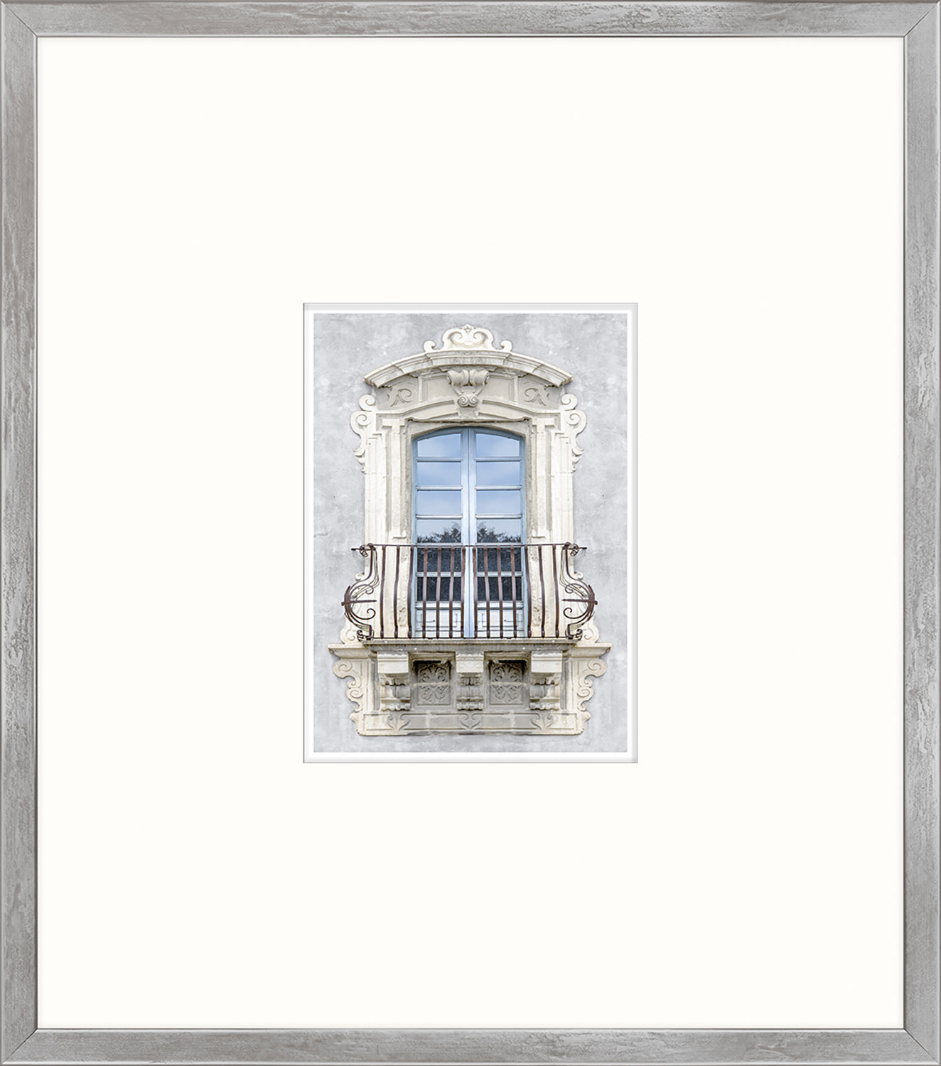 Pastel Revival Series II wall art featuring a decorative window with a gray wall and intricate details.