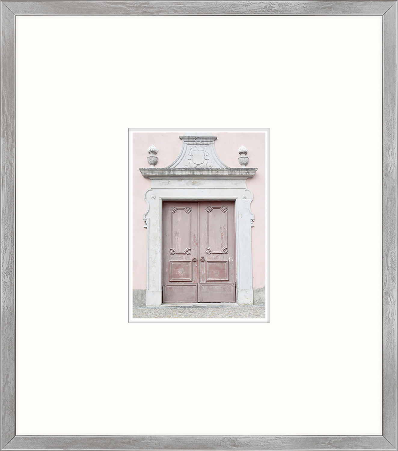 Pastel Revival Series III wall art featuring a pink door with a decorative stone frame.