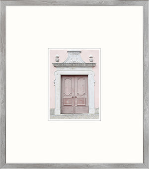 Pastel Revival Series III wall art featuring a pink door with a decorative stone frame.