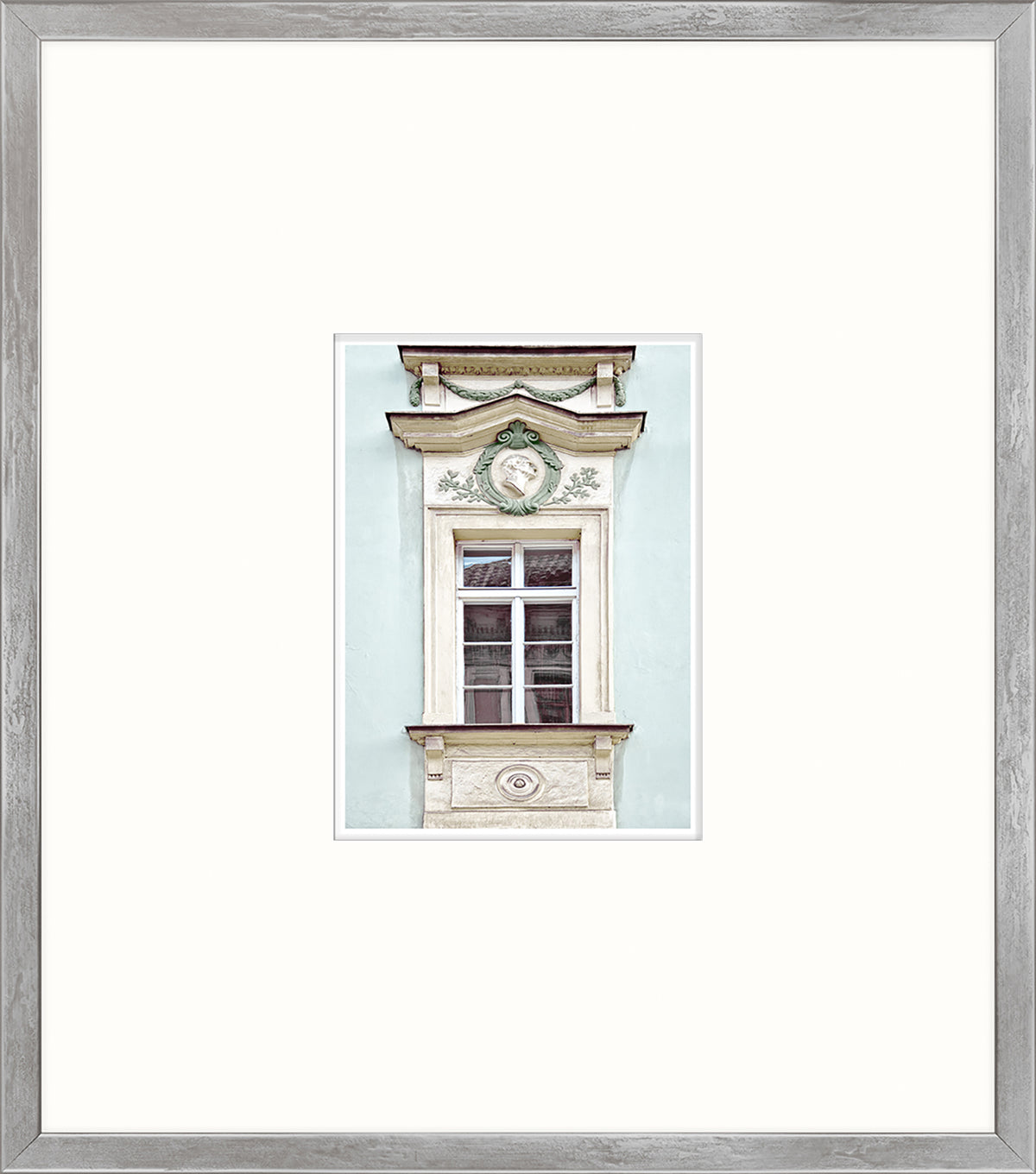 Pastel Revival Series VI wall art featuring a decorative window with light blue background.
