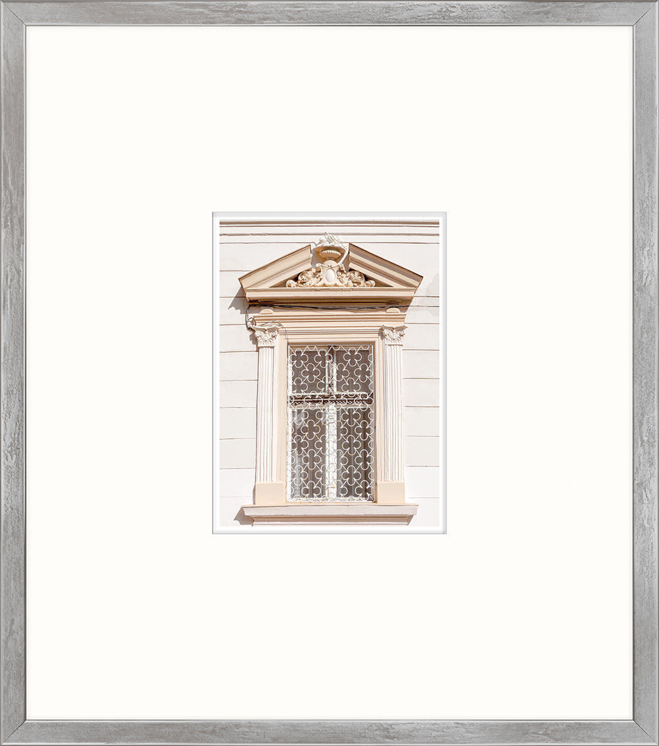 Pastel Revival Series VII wall art featuring a decorative window with intricate grillwork.