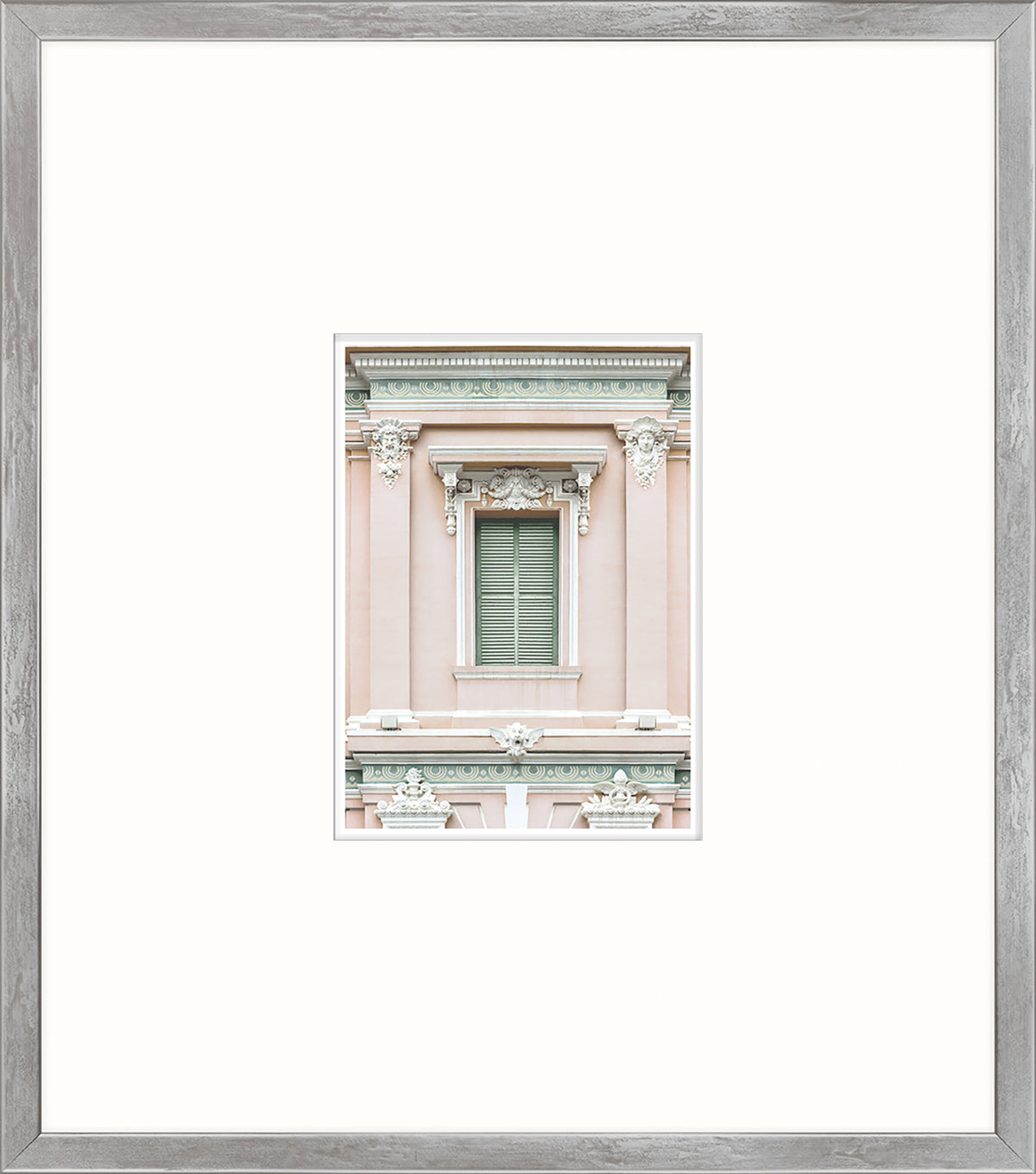 Pastel Revival Series XV wall art featuring a pink building facade with a green shuttered window.