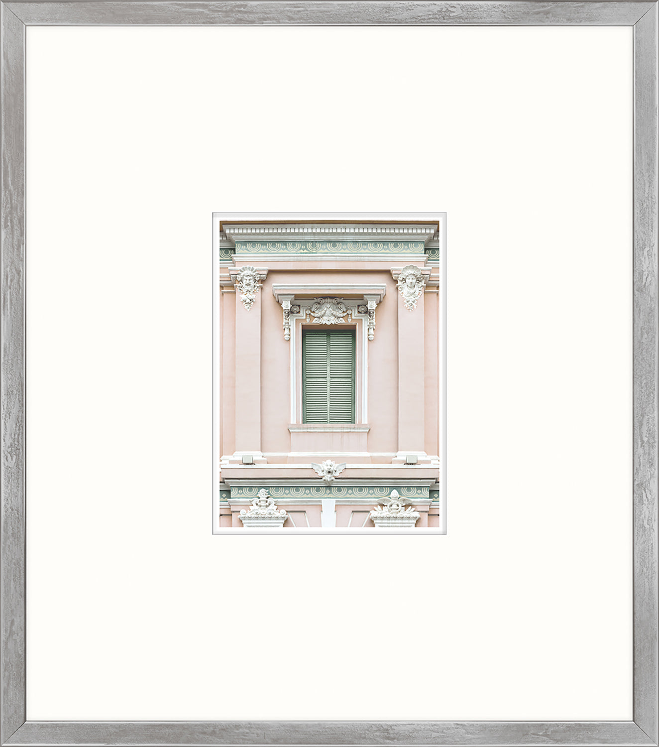 Pastel Revival Series XV wall art featuring a pink building facade with a green shuttered window.