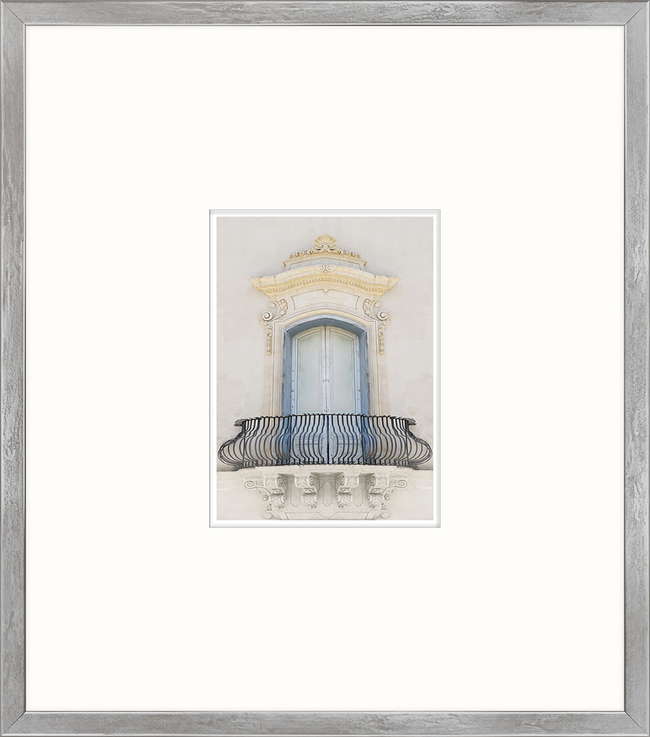 Pastel Revival Series XIX wall art featuring a decorative balcony and window in soft colors.