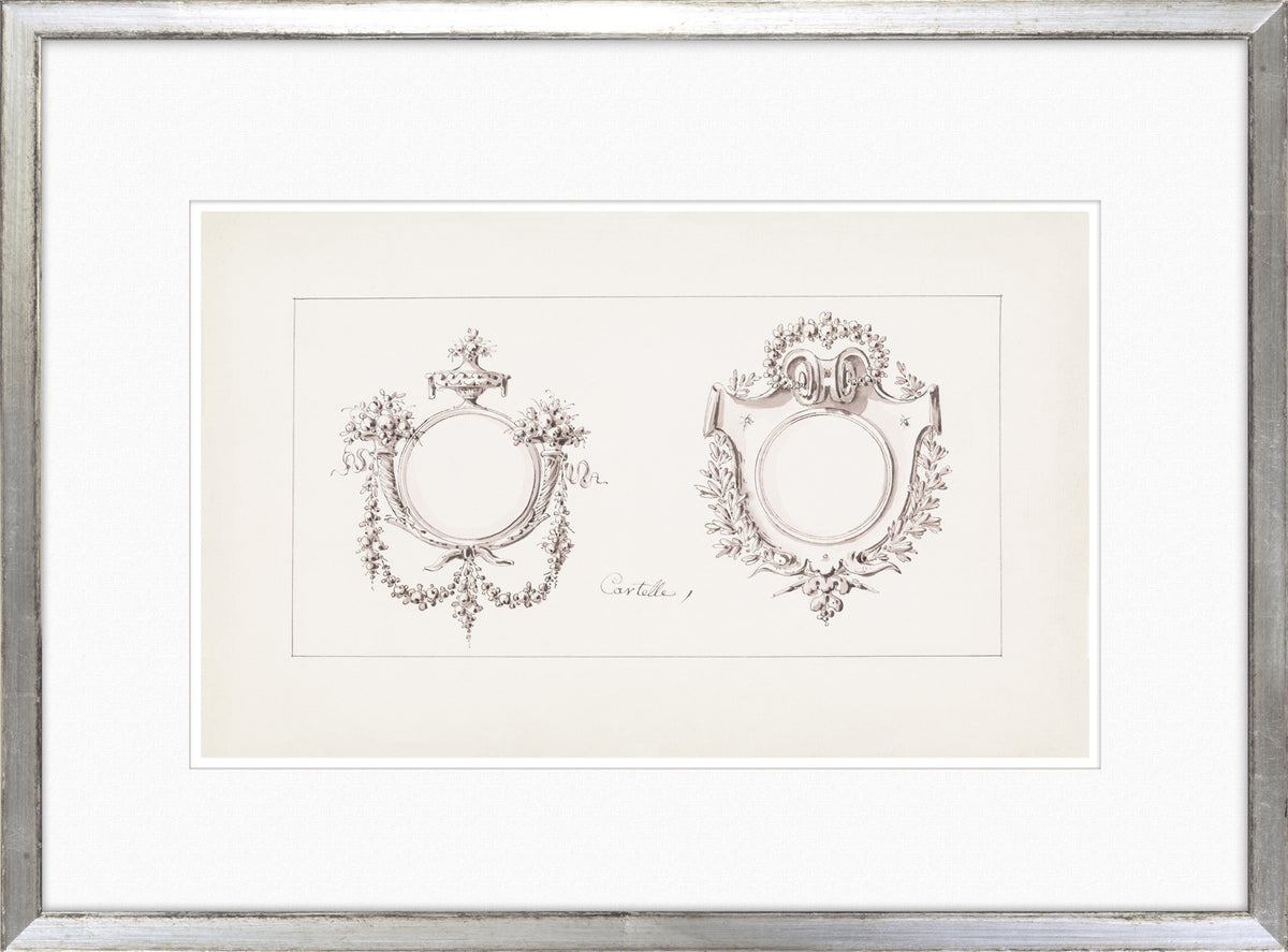 De Lalonde Design I wall art featuring two ornate frames with floral designs in black and white.