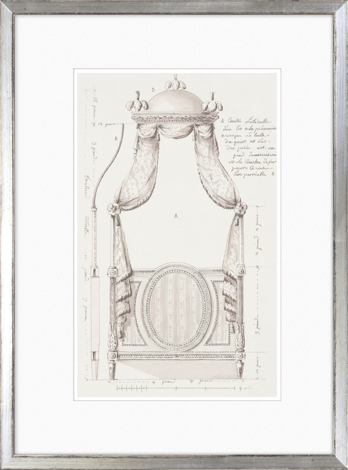 De Lalonde Design II wall art featuring a detailed sketch of a decorative bed canopy in neutral tones.