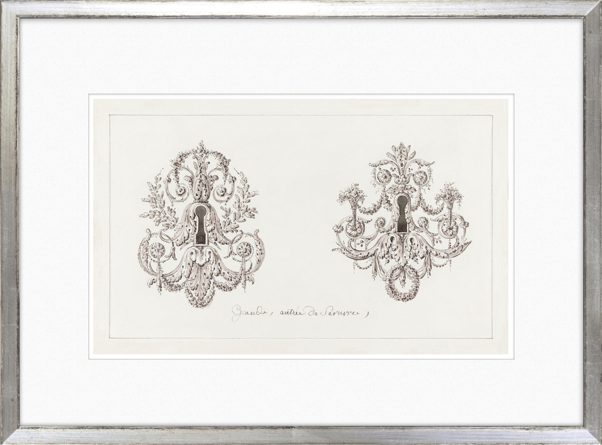 De Lalonde Design V wall art featuring intricate black and white chandelier designs on textured paper.