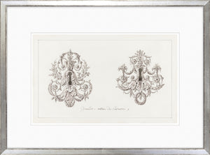 De Lalonde Design V wall art featuring intricate black and white chandelier designs on textured paper.