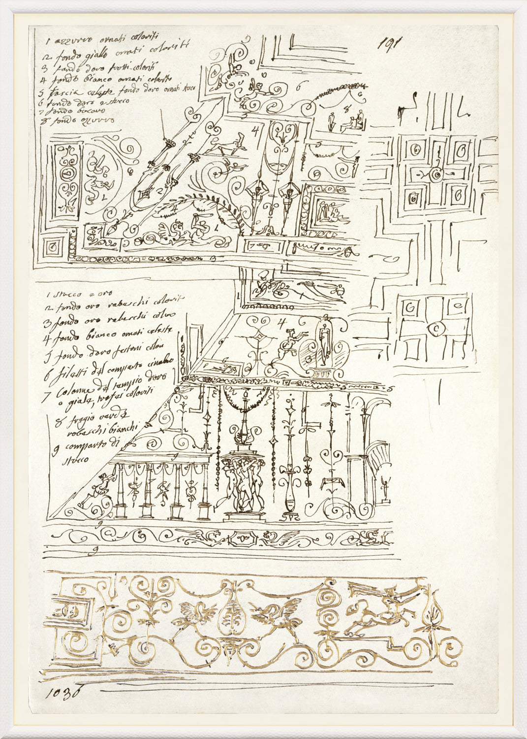 Giani Interior Design VI Circa 1815 wall art featuring intricate sketches and designs in black ink.