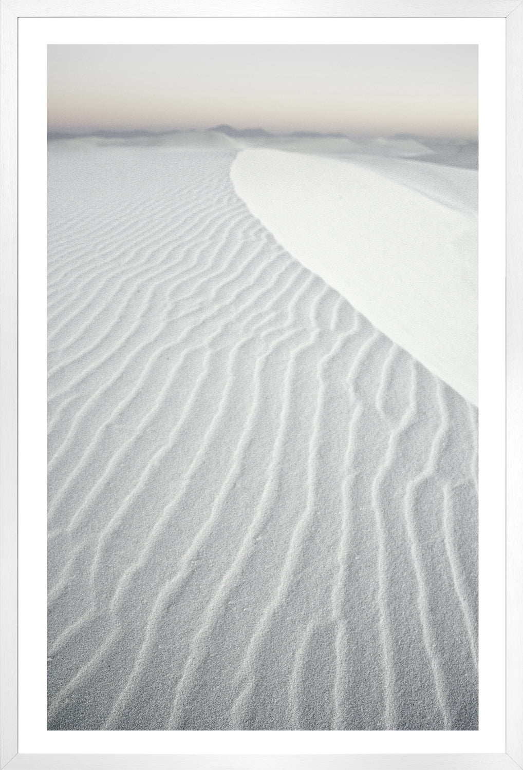 White Sands I wall art featuring textured white sand dunes with soft gradients.