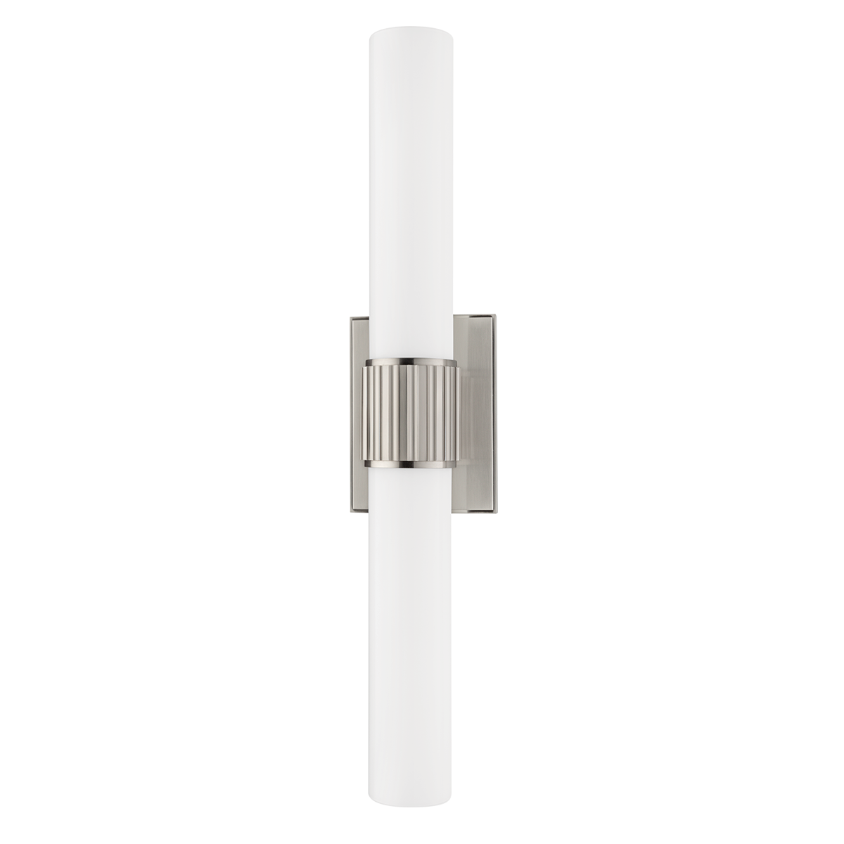 Fulton Bath And Vanity in satin nickel shown from the front to reveal the arm spread and shade silhouette.