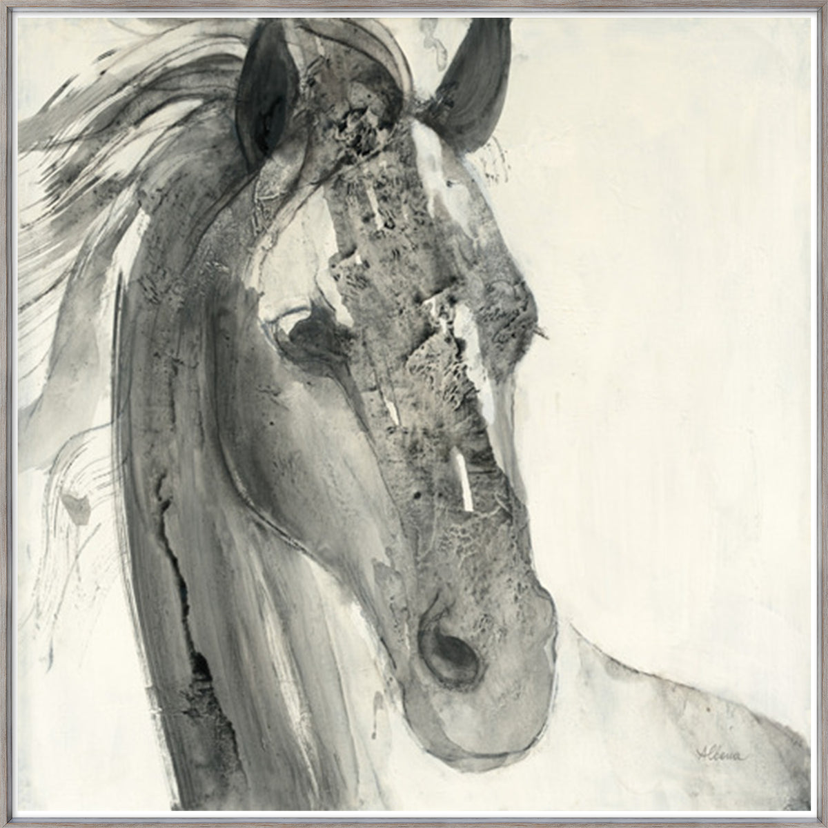 In The Wind I wall art featuring a monochromatic horse head in shades of gray and white