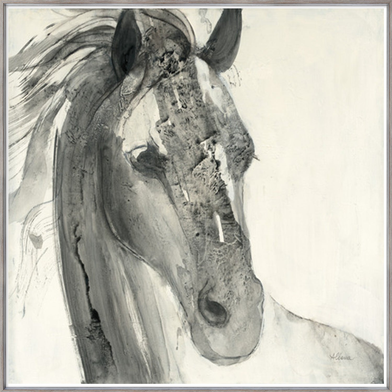 In The Wind I wall art featuring a monochromatic horse head in shades of gray and white