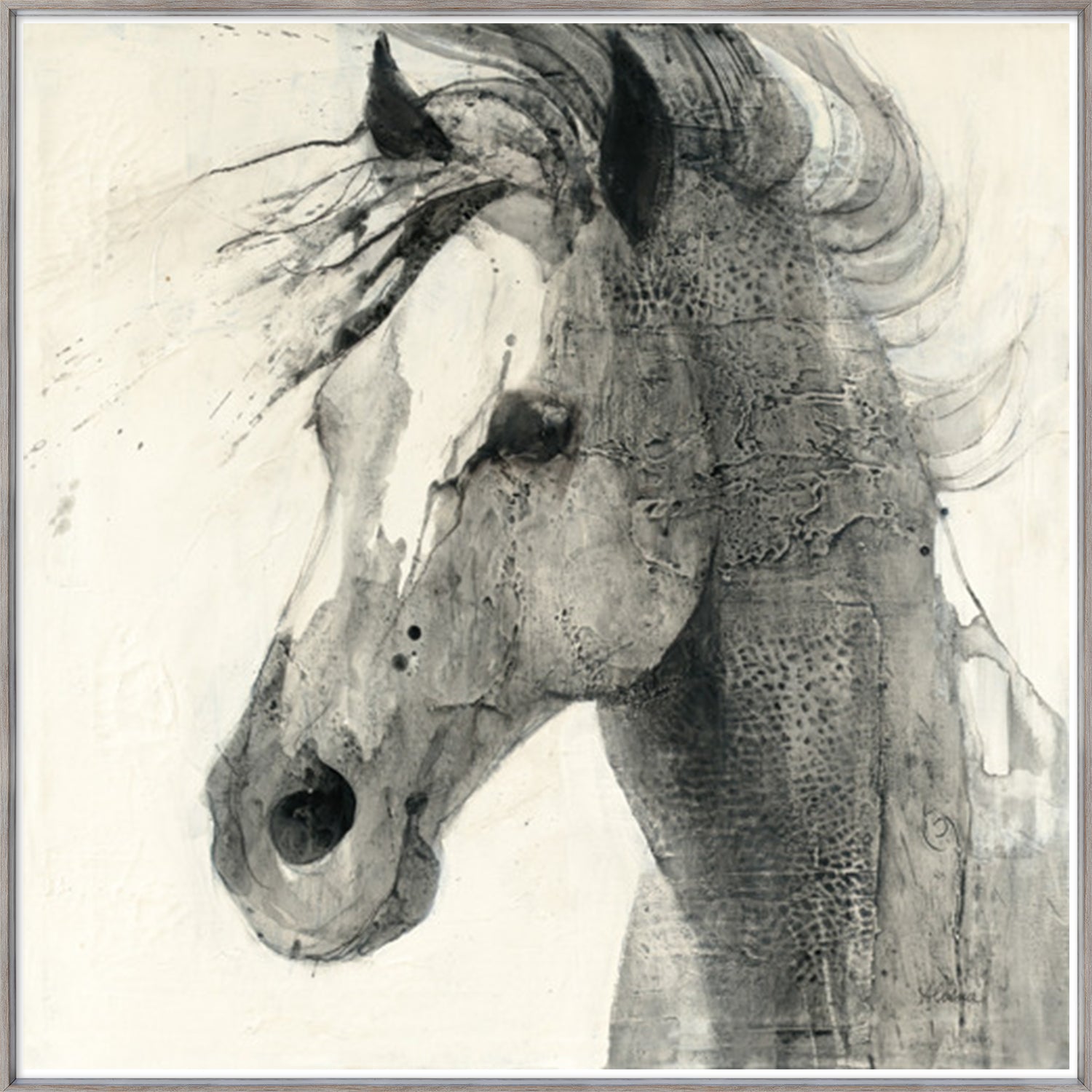 In The Wind II wall art featuring a monochrome horse head with flowing mane.