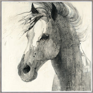 In The Wind II wall art featuring a monochrome horse head with flowing mane.