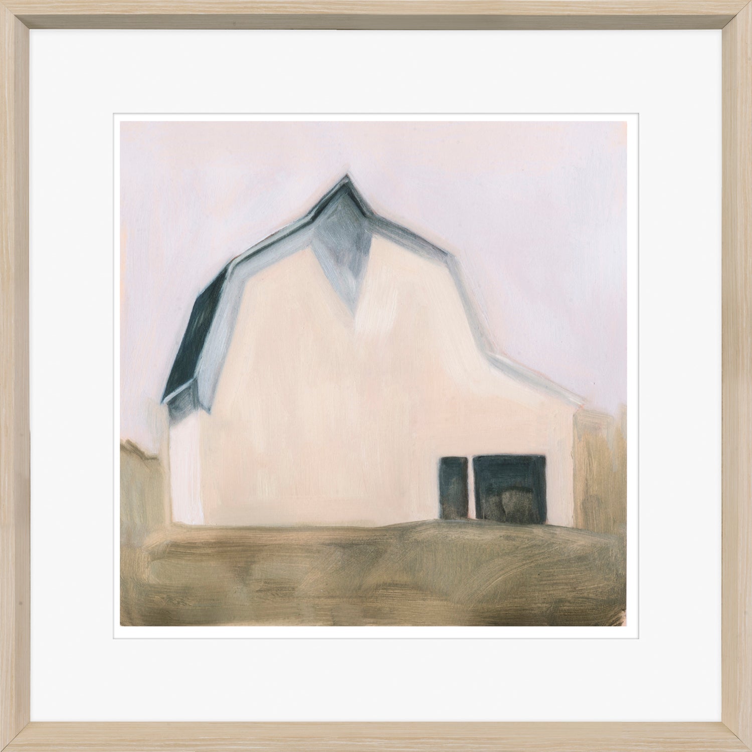 Serene Barn IV, a framed wall art depicting a soft, pastel-colored barn with a gray roof and simple lines.