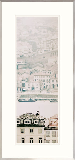 Porto I wall art featuring a soft, muted cityscape with buildings and water in a light frame.