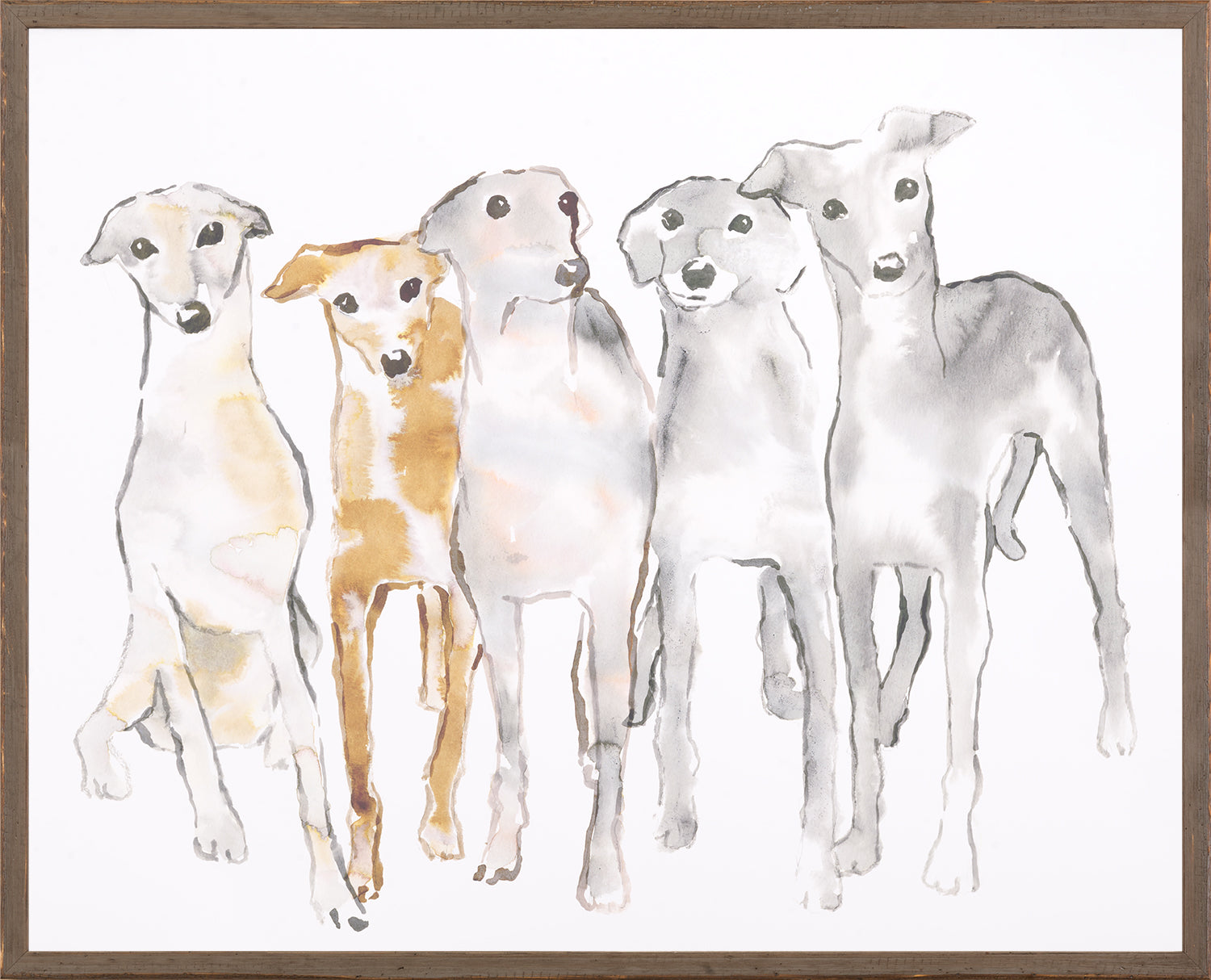 Hounding Around wall art featuring five watercolor dogs in shades of gray and brown