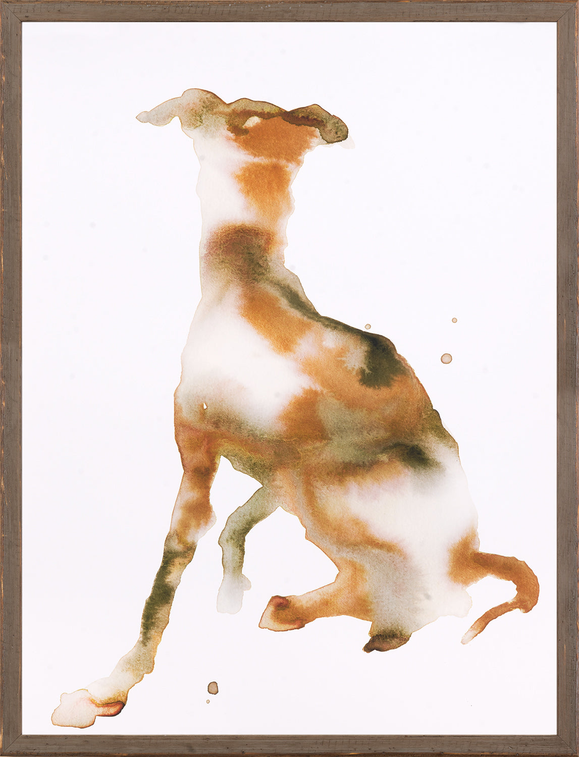 Shadow Play – Stay wall art featuring a watercolor silhouette of a dog in earthy tones.