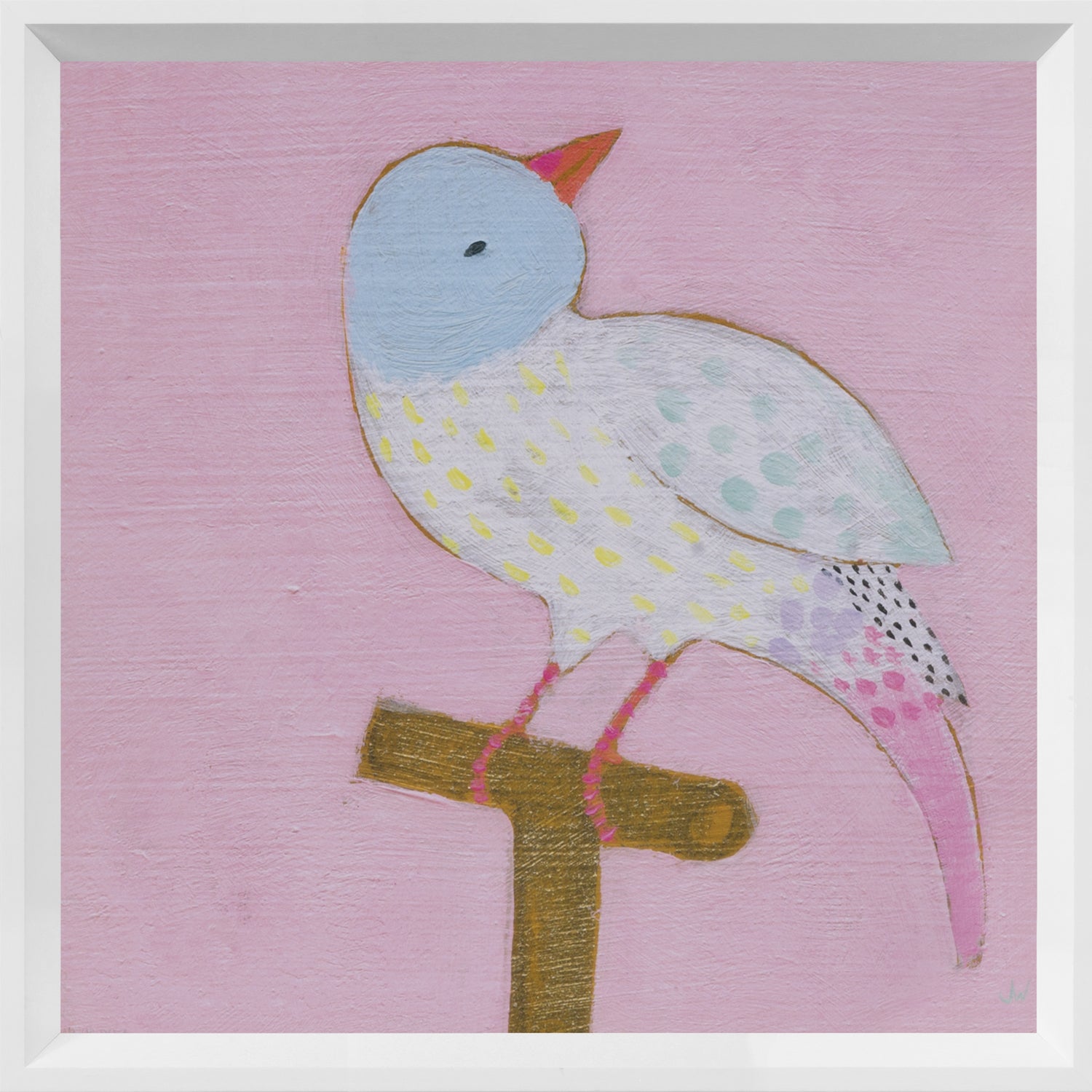 Bright Birds – Cheery wall art featuring a colorful bird on a pink background