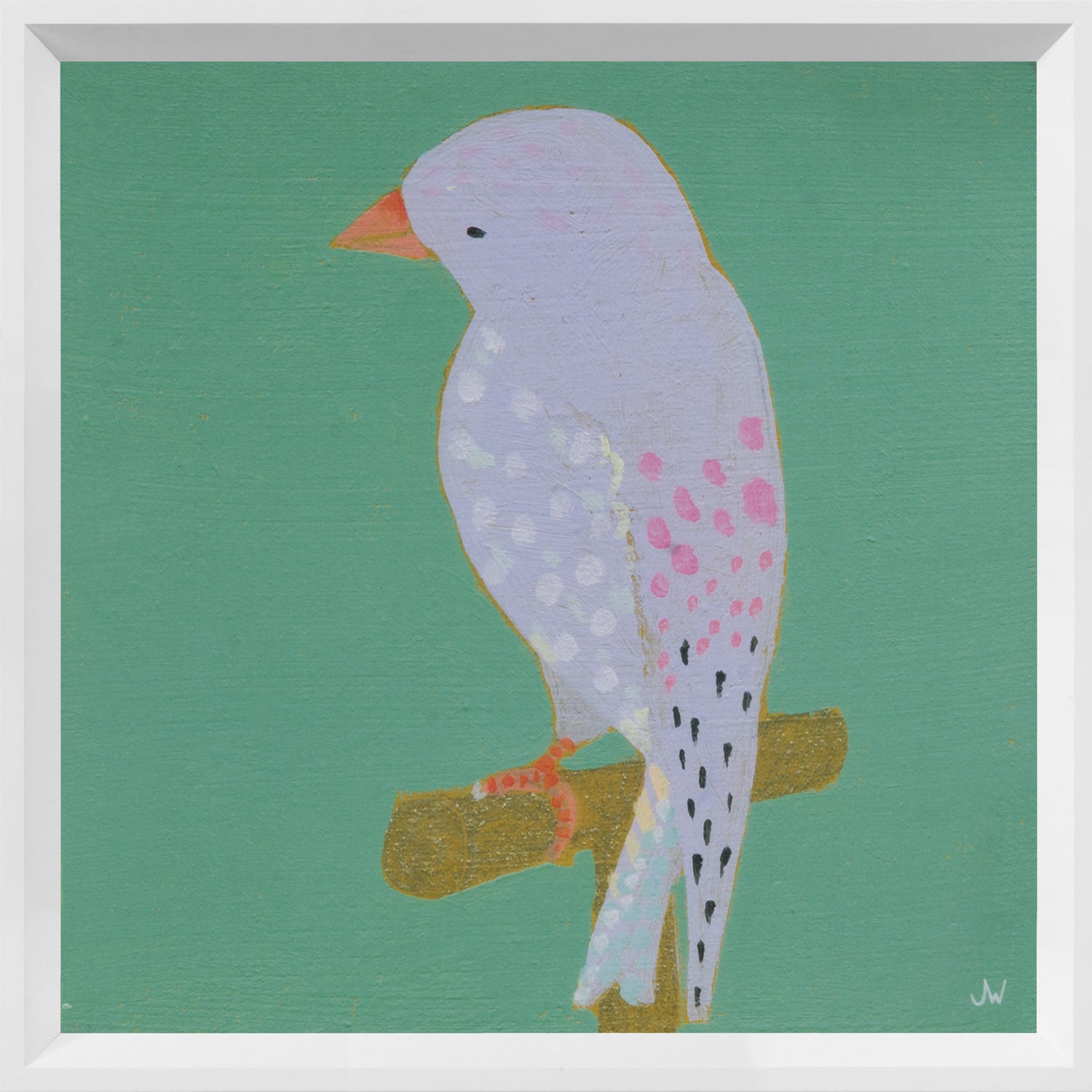 Bright Birds – Playful wall art featuring a pastel bird on a green background, framed in white.