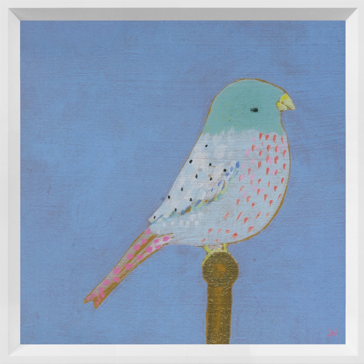 Bright Birds – Gleeful wall art featuring a colorful bird on a blue background.