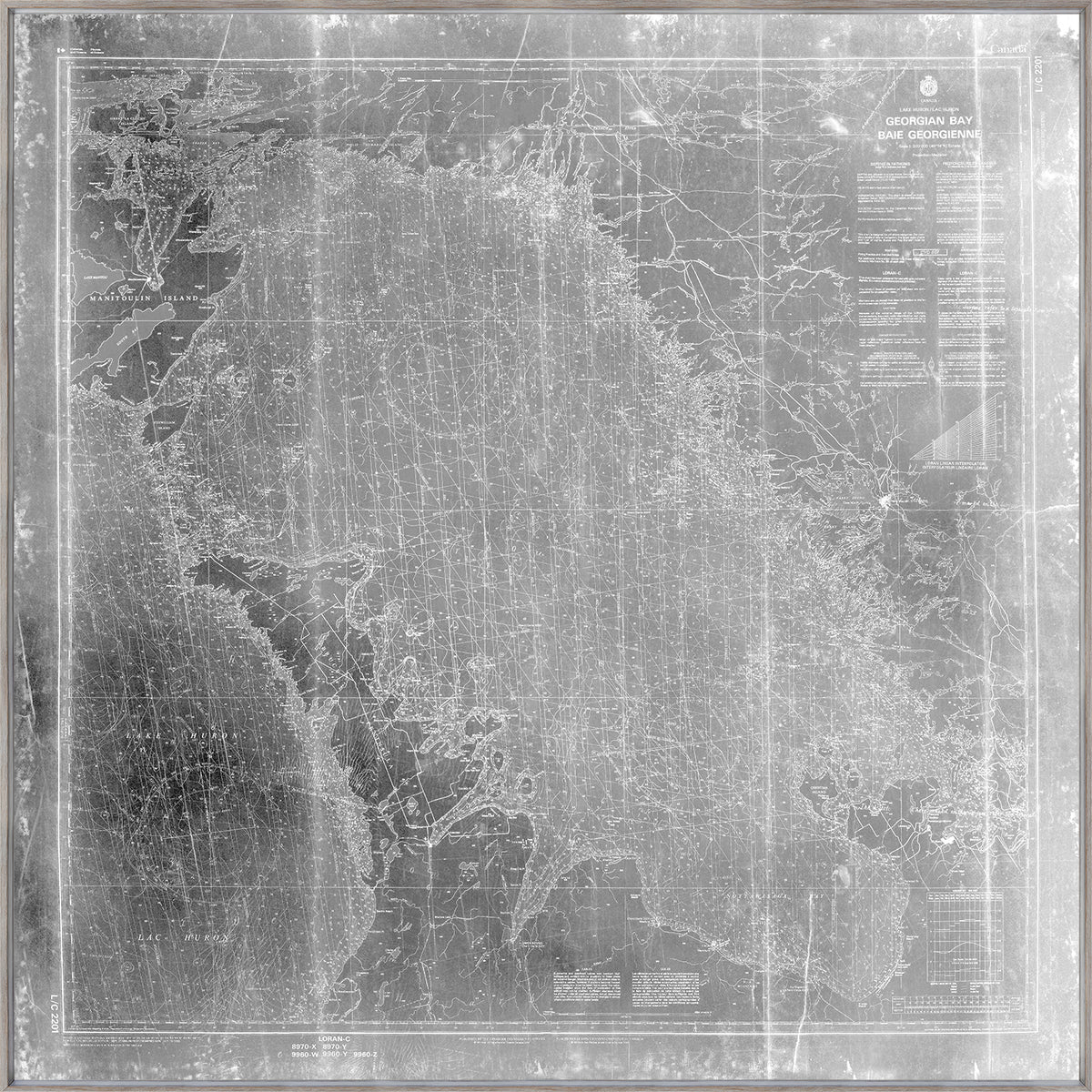 Georgian Bay Nautical Chart wall art in black and white, detailed map with nautical lines and labels.