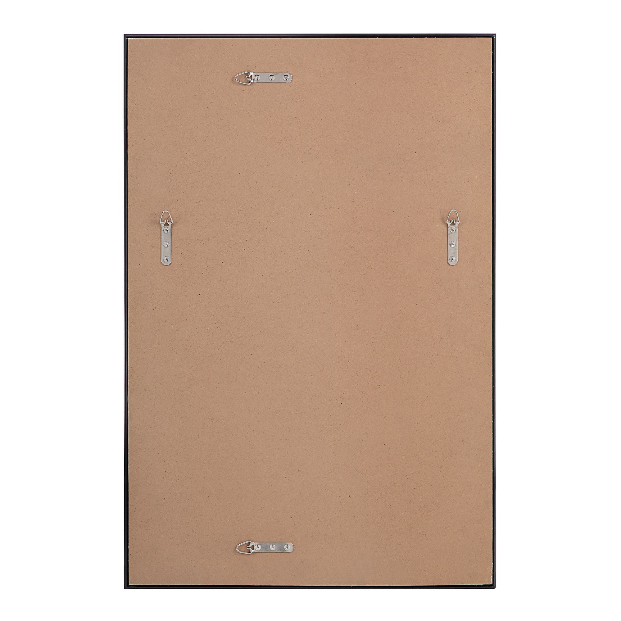 Back view of Reynolds mirror, showing a brown backing with mounting hardware.