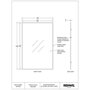 Diagram of Reynolds mirror with dimensions and mounting details, featuring a black frame.