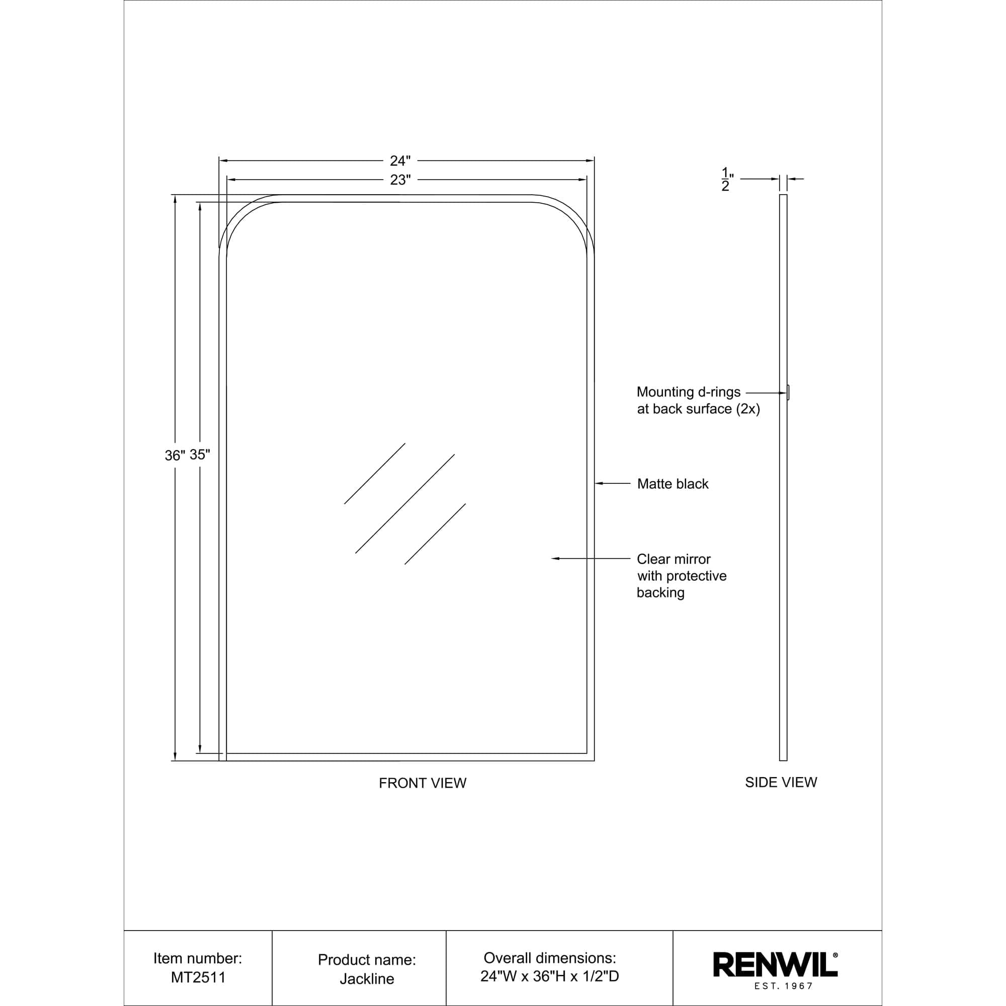 Diagram of Jackline mirror detailing dimensions and features, including a matte black frame.