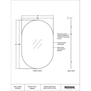 Diagram of Webster mirror with dimensions and mounting details, featuring an oval shape.
