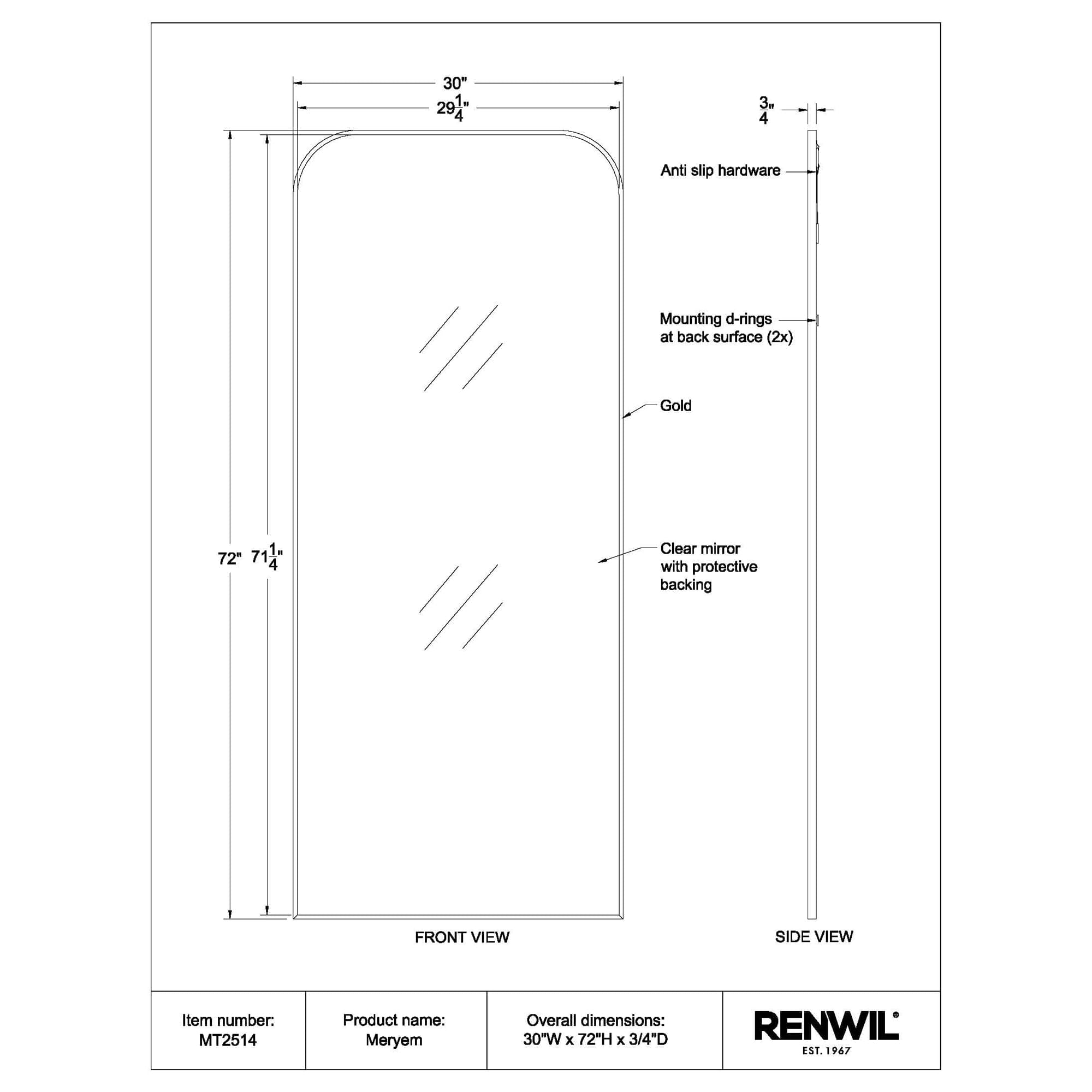 Meryem mirror by Renwil, technical drawing with dimensions and features