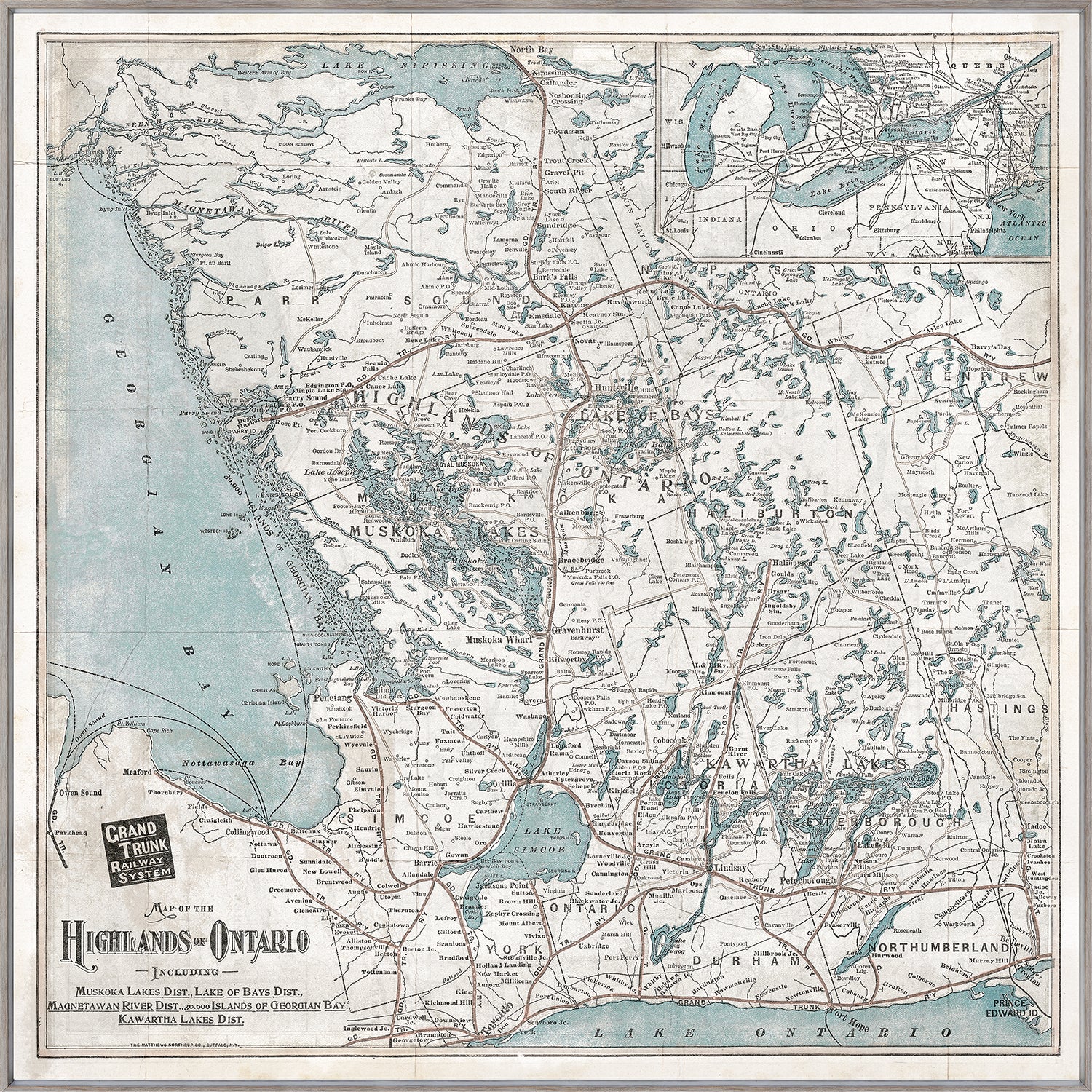 Map of the Highlands of Ontario featuring detailed topography and waterways in blue and beige.