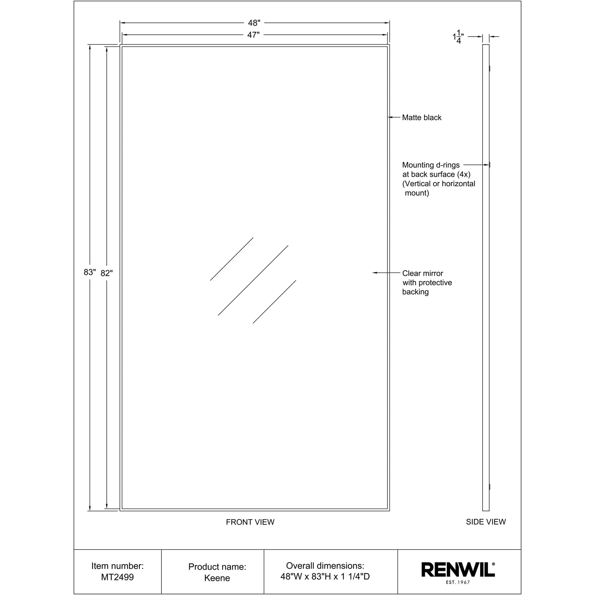 Keene mirror technical drawing detailing dimensions and features, including a matte black frame.