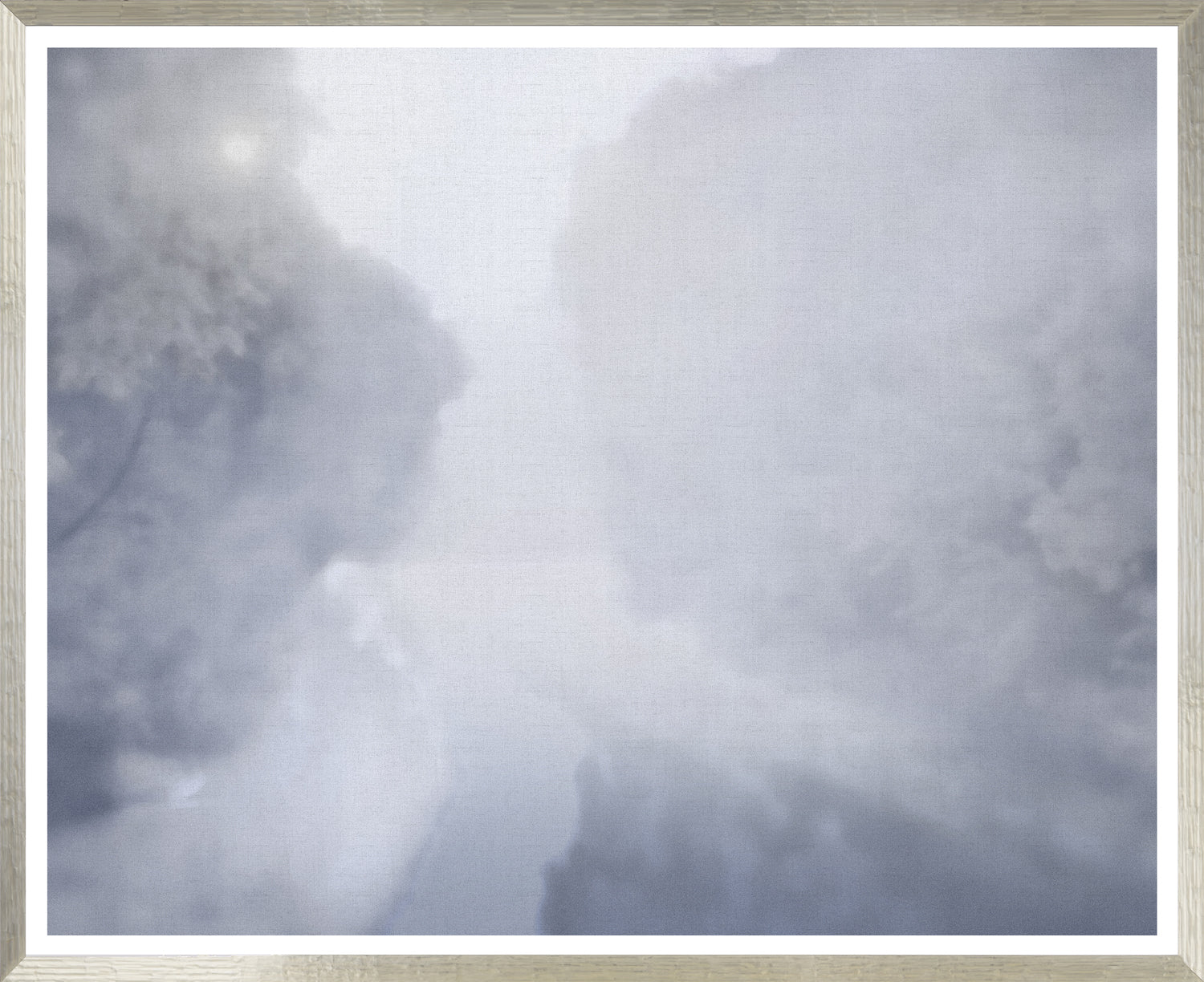 Chambray Haze wall art featuring a soft, foggy landscape in muted gray tones.
