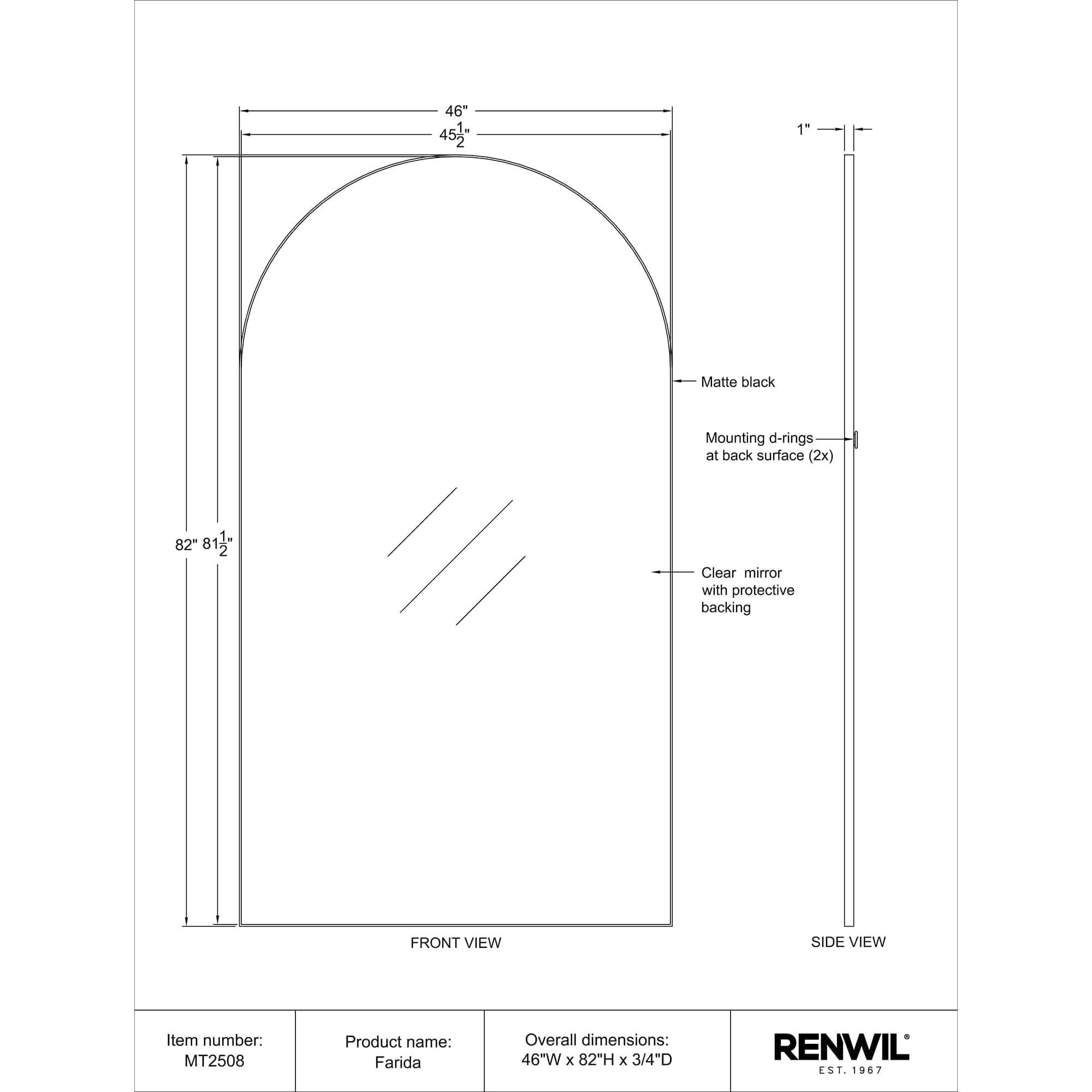 Diagram of Farida mirror by Renwil, showing dimensions and design details.