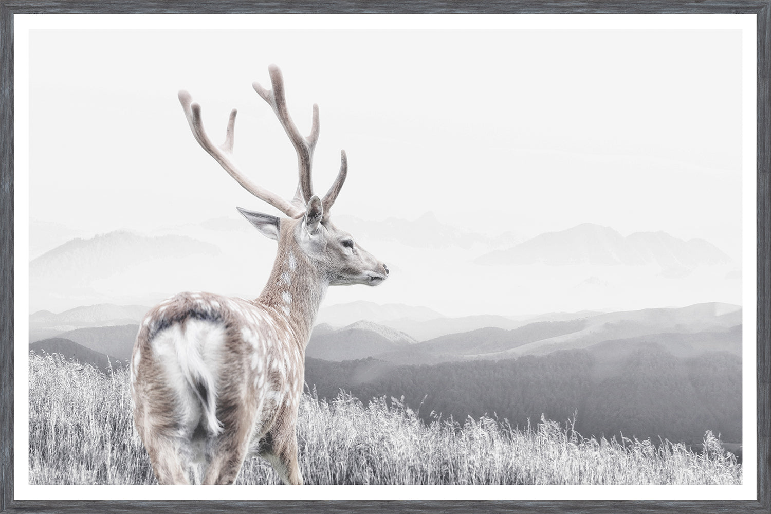 Range wall art featuring a deer overlooking mountains in a monochrome palette