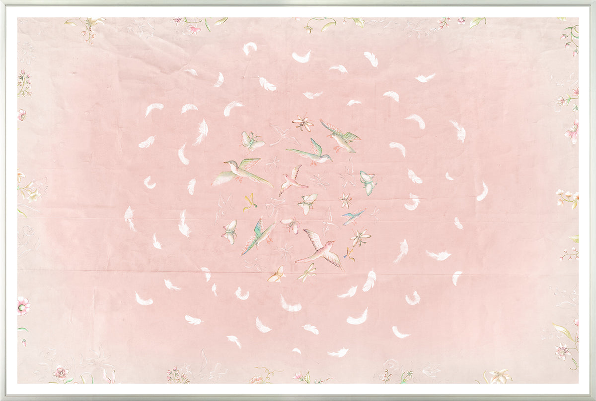 Winged Circus wall art featuring pastel pink background with birds and floral designs