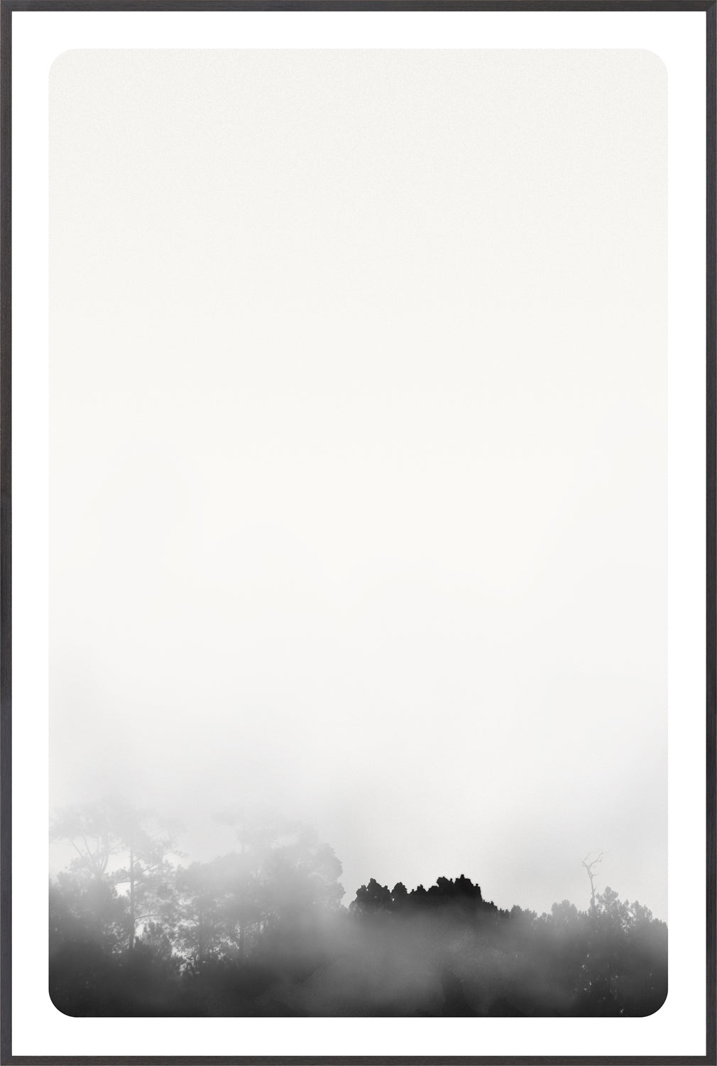 Genesis I wall art featuring a foggy landscape with dark silhouettes of trees against a white background.