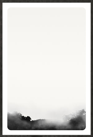 Genesis VI wall art featuring a minimalist black and white landscape with fog.