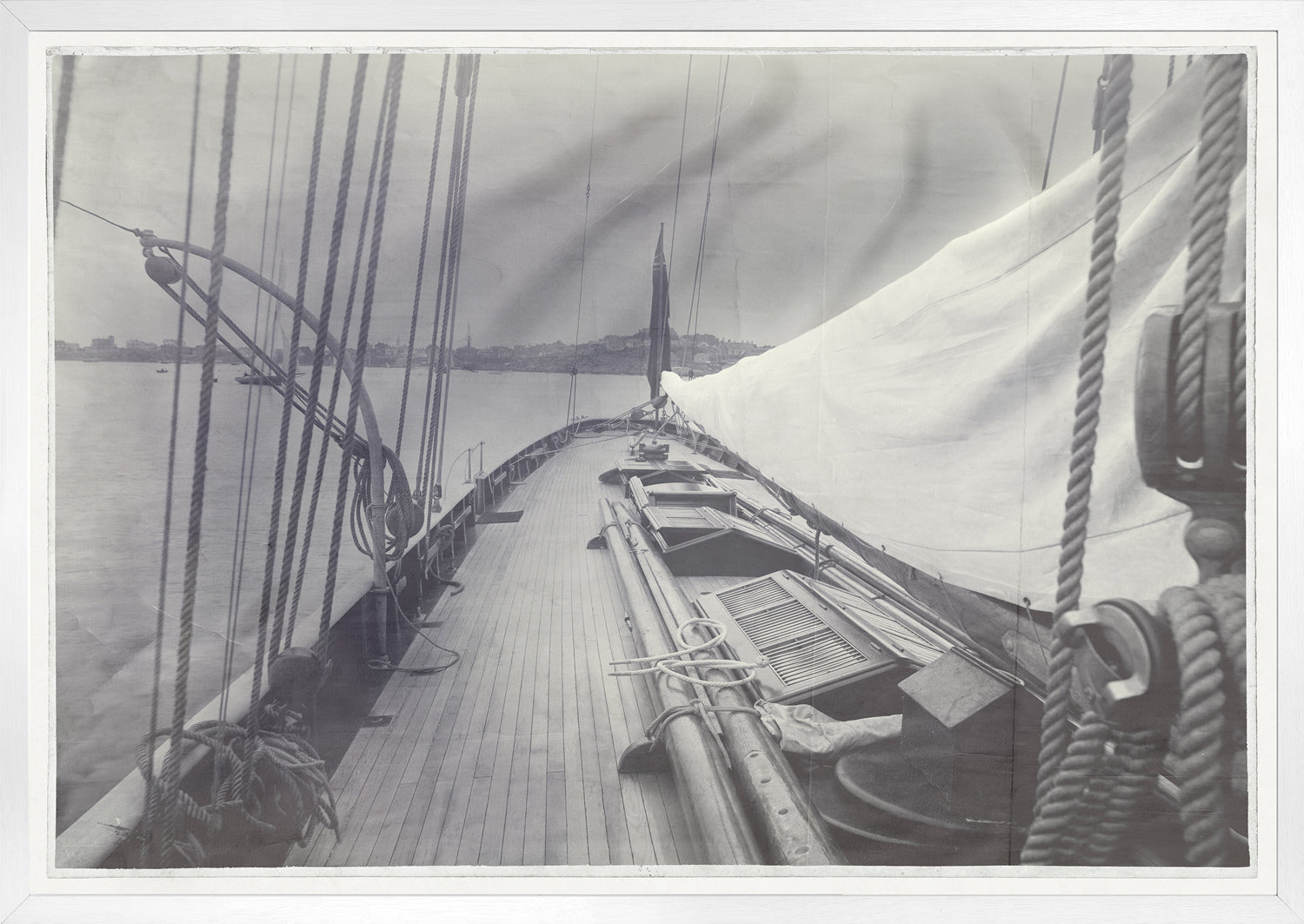 Indigo Stained – Deck of Galatea wall art featuring a vintage sailing ship on calm waters.