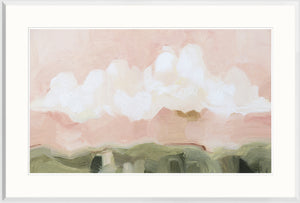 Pink Haze Sunset II wall art featuring soft pink and white clouds over a green landscape.
