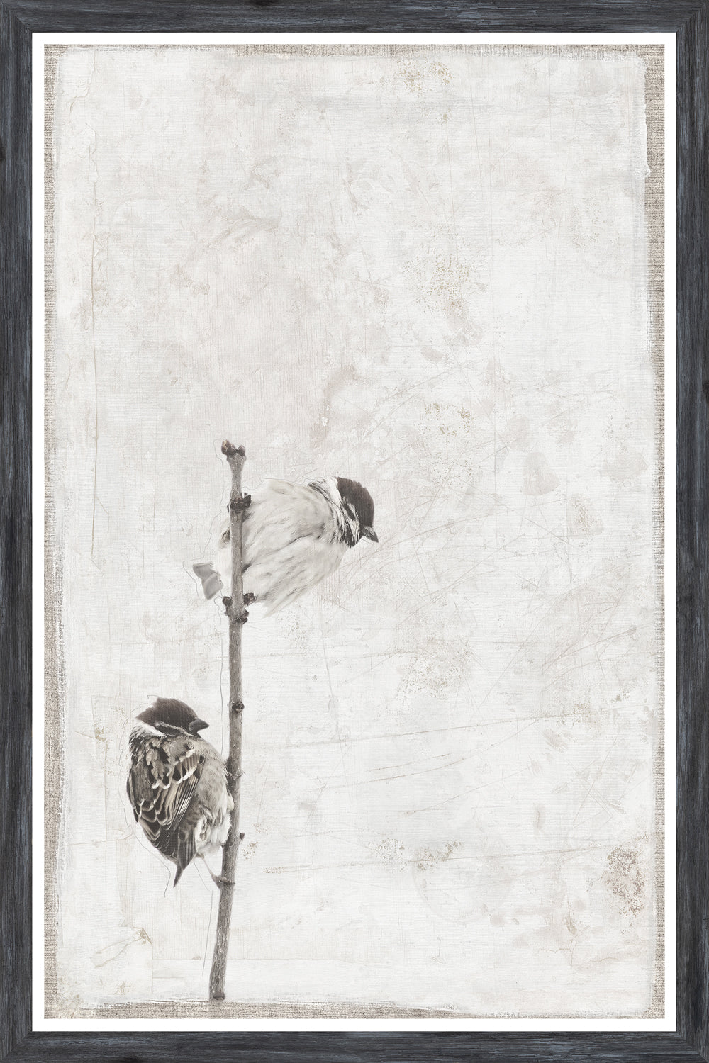 Chickadee Perch I wall art featuring two birds perched on a branch against a textured light background.