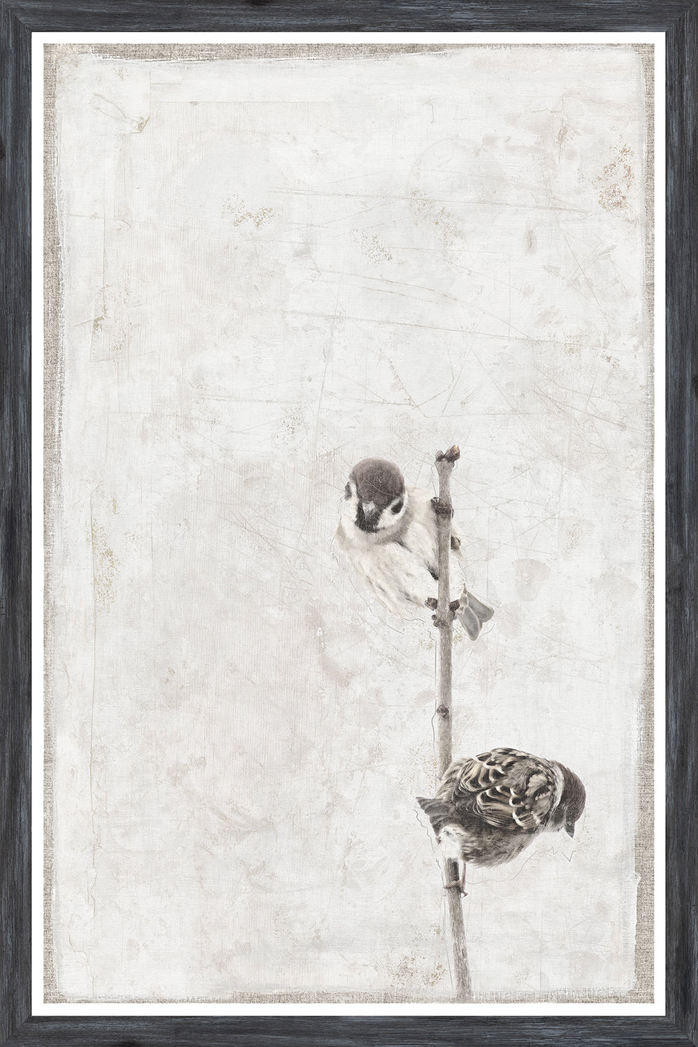 Chickadee Perch II wall art featuring two birds on a branch against a textured light background.