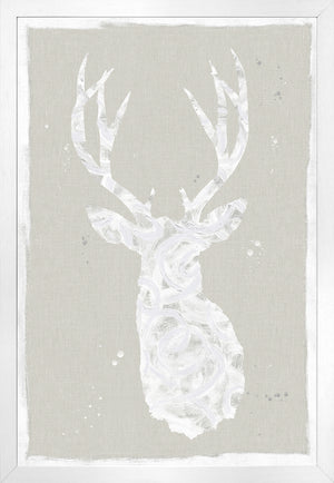Stag – Silhouette I wall art featuring a white deer silhouette on a textured gray background.