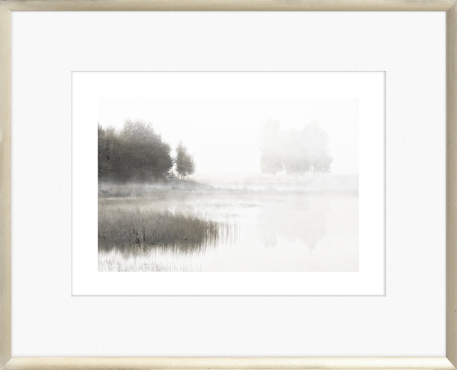 Taupe Aspect III wall art featuring a misty landscape with trees and water in soft gray tones.