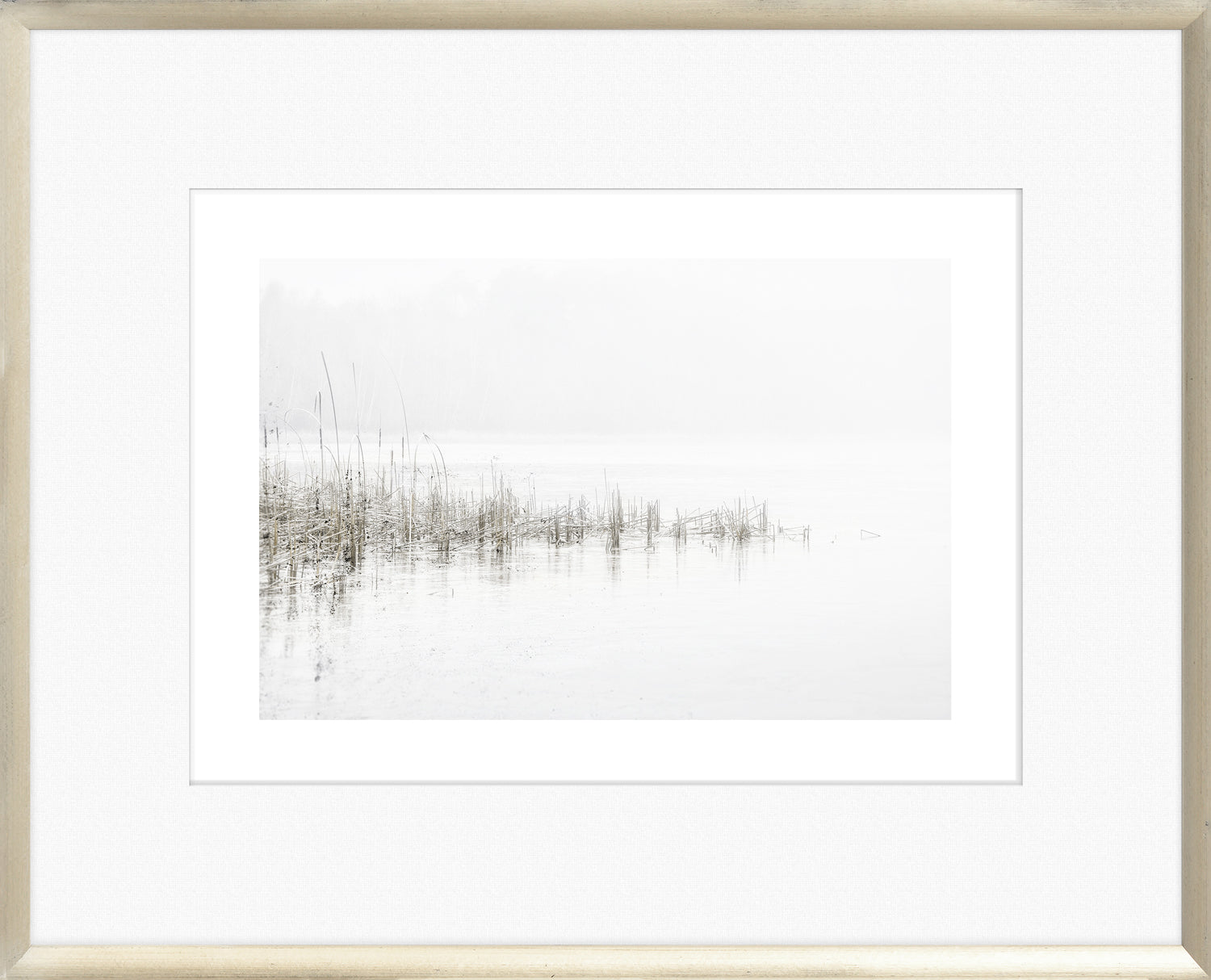 Taupe Aspect VI wall art featuring a serene foggy landscape with reeds by the water.