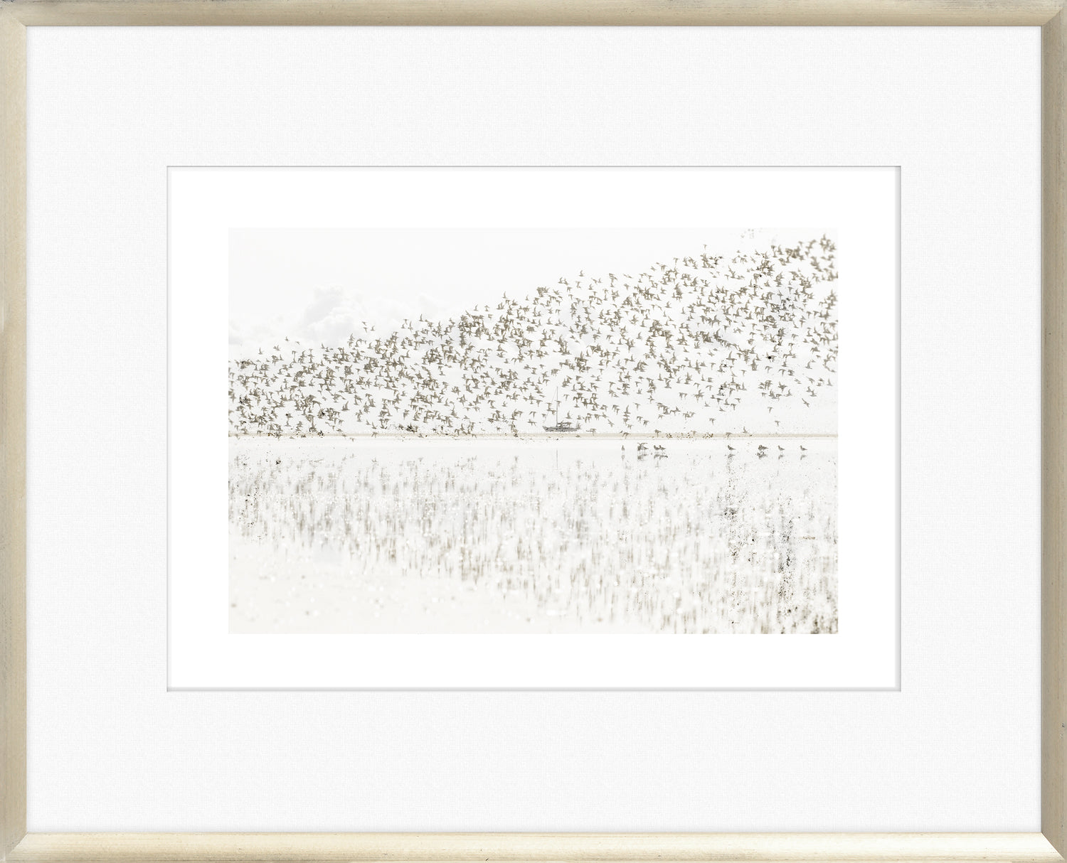 Taupe Aspect VII wall art featuring a flock of birds over a serene landscape in soft tones.