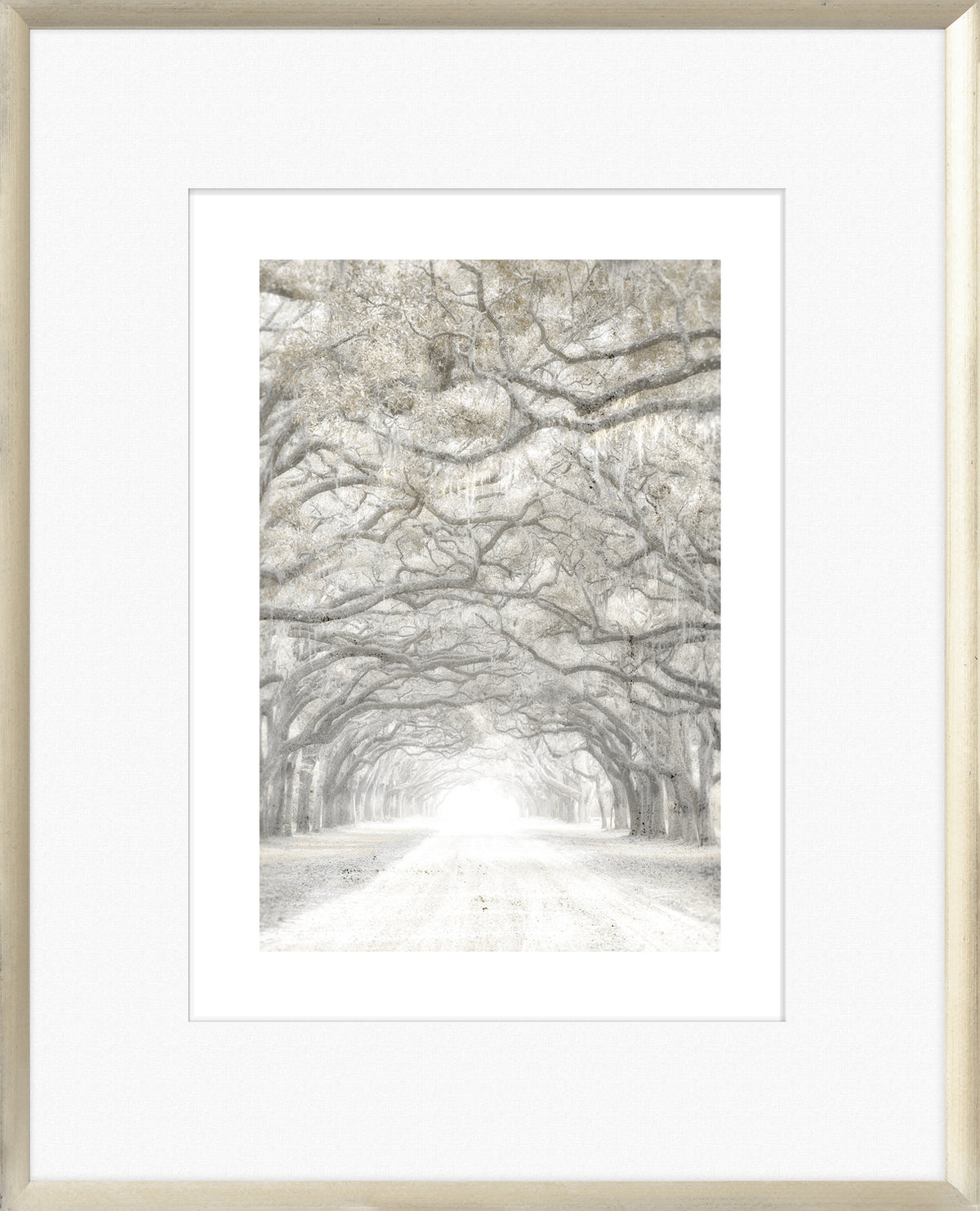 Taupe Aspect VIII wall art featuring a serene tree-lined path in muted tones.